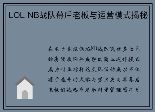 LOL NB战队幕后老板与运营模式揭秘