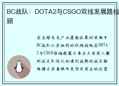 BC战队：DOTA2与CSGO双线发展路线回顾